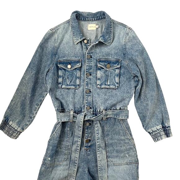 Alice + Olivia Distressed Etha Chambray Denim Jumpsuit - Tie Waist - Blue - 30 - Picture 6 of 12